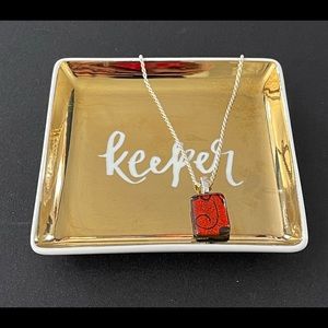 Fused Glass Dichroic Pendant with Etched Abstract Design Inside Dark Orange